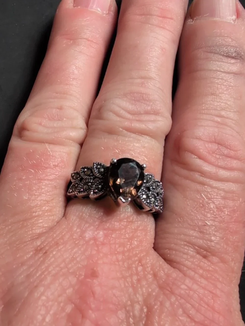 Sterling Silver Marcasite And Smoky Quartz Size 8 Ring